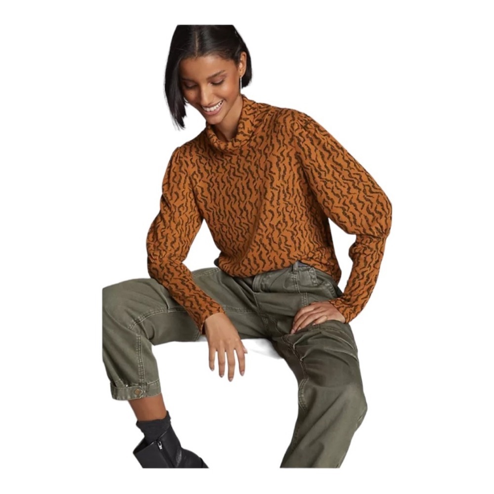 Anthropologie Puff-Sleeved Turtleneck Top Brown Motif Size S